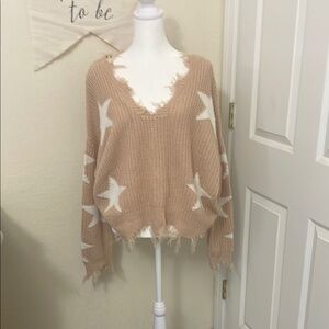 Just Polly Tan and White V-Neck Sweater with Distressed Hem